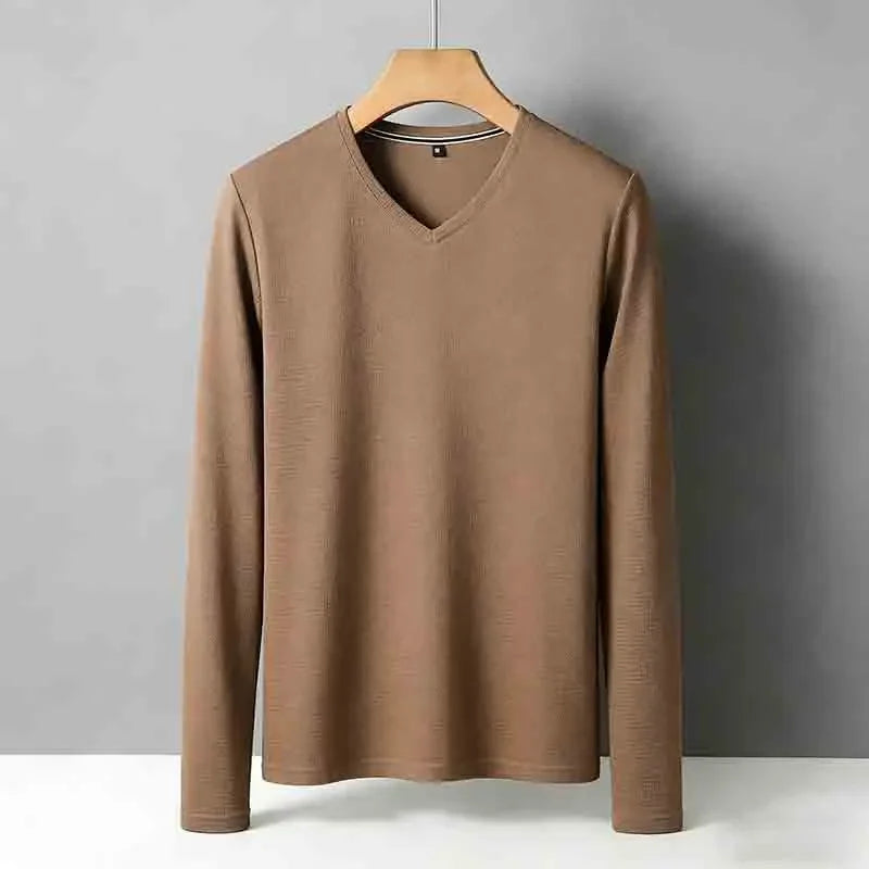 Men's Plus Size Camel V-neck Long Sleeve Shirt Loose Fit Comfortable Casual Top for Big & Tall