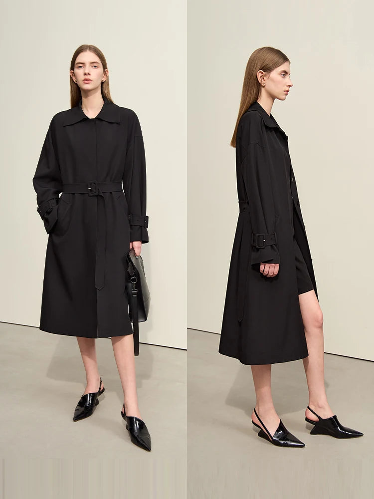 AMII Woman Minimalist Trench Coat 2026 Autumn New Belt Off-The-Shoulder Sleeves Long Solid Versatile Commuter Jacket 12441088