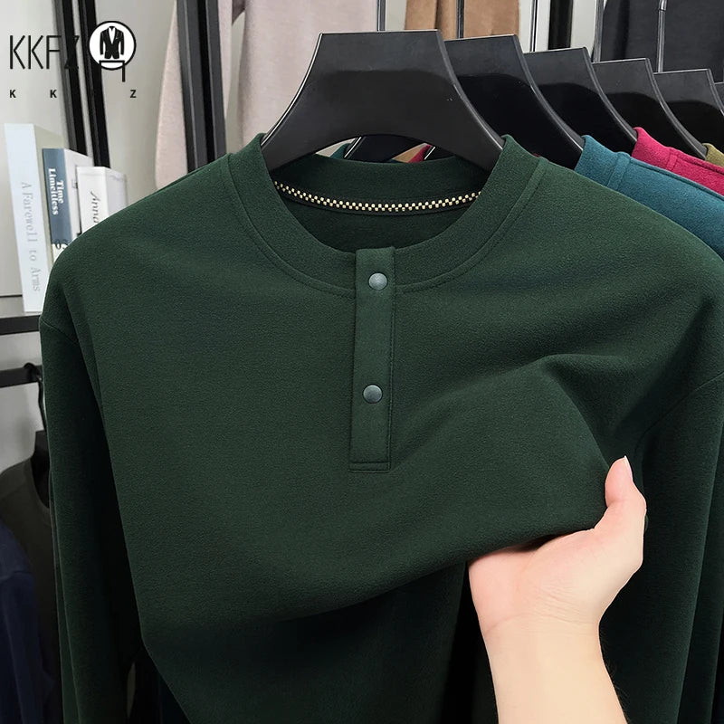 Male Comfort Henley Pullover Long Sleeve Thermal Fabric Two Button Front Breathable Travel Casual Garment