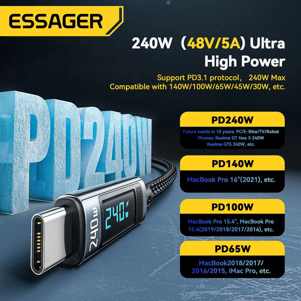 ខ្សែសាក Essager 240W USB Type C ទៅ USB C 100W PD 3.1 សាកលឿនសម្រាប់ Macbook Pro Xiaomi Samsung Laptop USBC Cord 2M