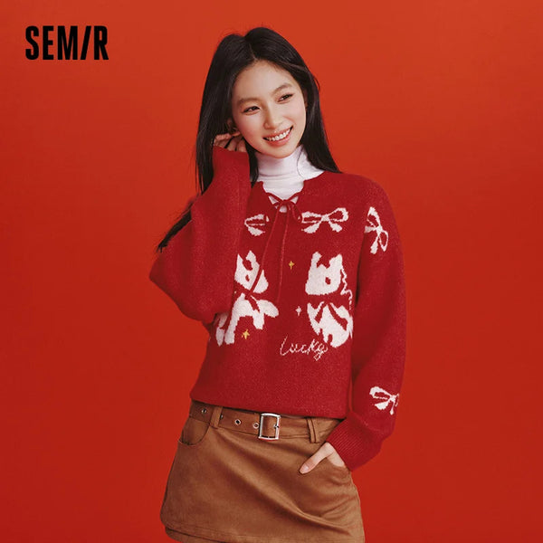 អាវយឺត Semir សម្រាប់នារី រដូវផ្ការីក ឆ្នាំ២០២៦ ថ្មី លំនាំធ្នូក្រហម រលុង ស្ទីលក្មេងស្រី កមូល គួរឲ្យស្រលាញ់