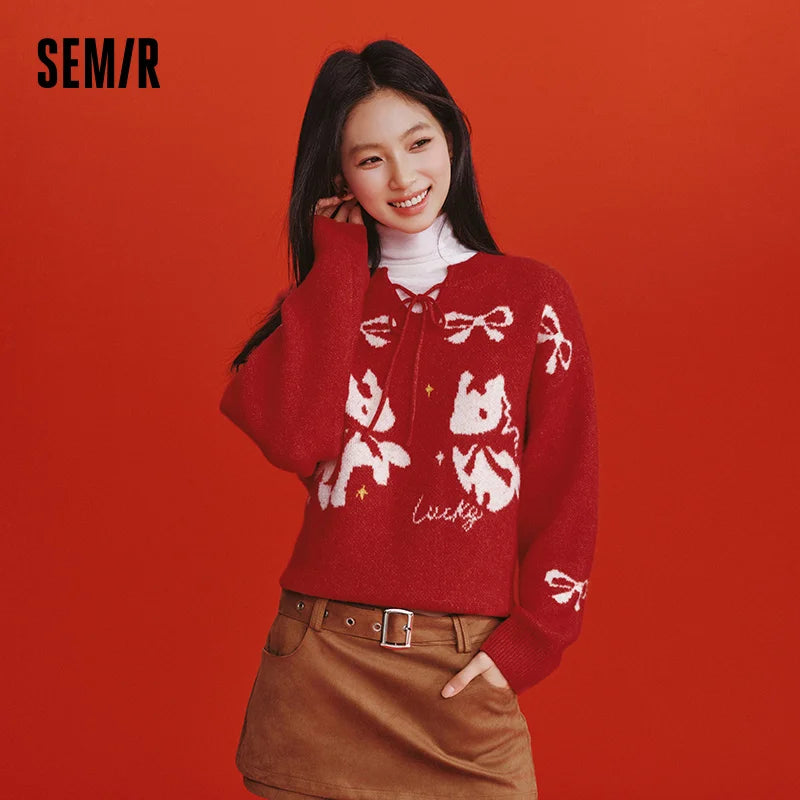 Semir Women Sweater 2026 Spring New Red Bow Jacquard Loose Cute Girlish Style Crew Neck Pullover Tops