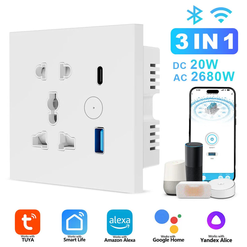 Smart Plug WiFi Universal Socket Tuya EU UK QC3.0 USB  Type-C Fast Charging Outlet Works with Alexa Google Home