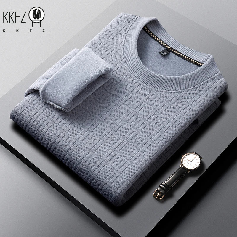Mens Winter Long Sleeve Knit Top All Over Embossed Pattern Fleece Lined Round Collar Comfort Business Shirt