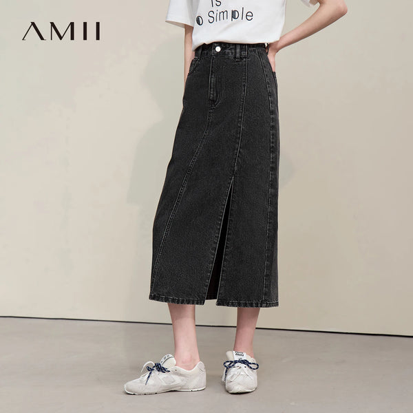 សំពត់អំបោះ Denim របស់ស្ត្រី Amii រដូវក្តៅឆ្នាំ ២០២៦ សំពត់មីឌីថ្មី Asymmetric Zip សំពត់កប្បាស Vintage ចំហៀងត្រង់ សម្លៀកបំពាក់ស្ត្រី 12642162