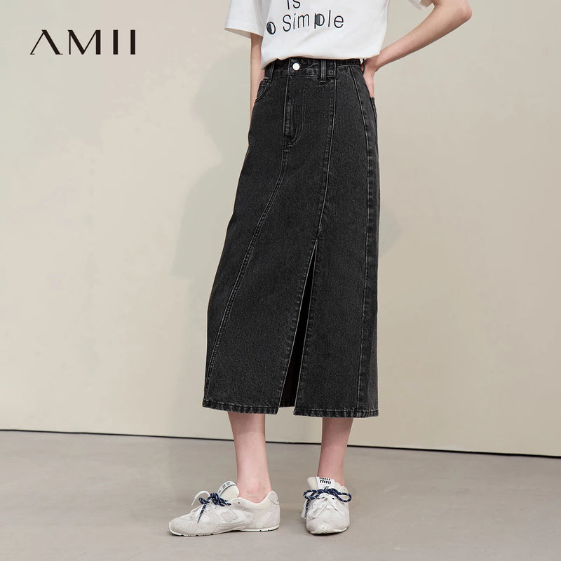 សំពត់អំបោះ Denim របស់ស្ត្រី Amii រដូវក្តៅឆ្នាំ ២០២៦ សំពត់មីឌីថ្មី Asymmetric Zip សំពត់កប្បាស Vintage ចំហៀងត្រង់ សម្លៀកបំពាក់ស្ត្រី 12642162