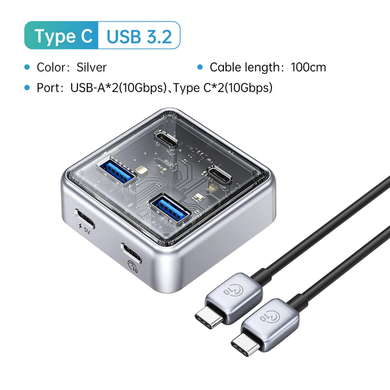 ORICO Metal Material Usb Hub 10Gbps With 2 USB A Port and 2 USB C Port USB3.2 hub Splitter is suitable for all Macbook Mac Mini