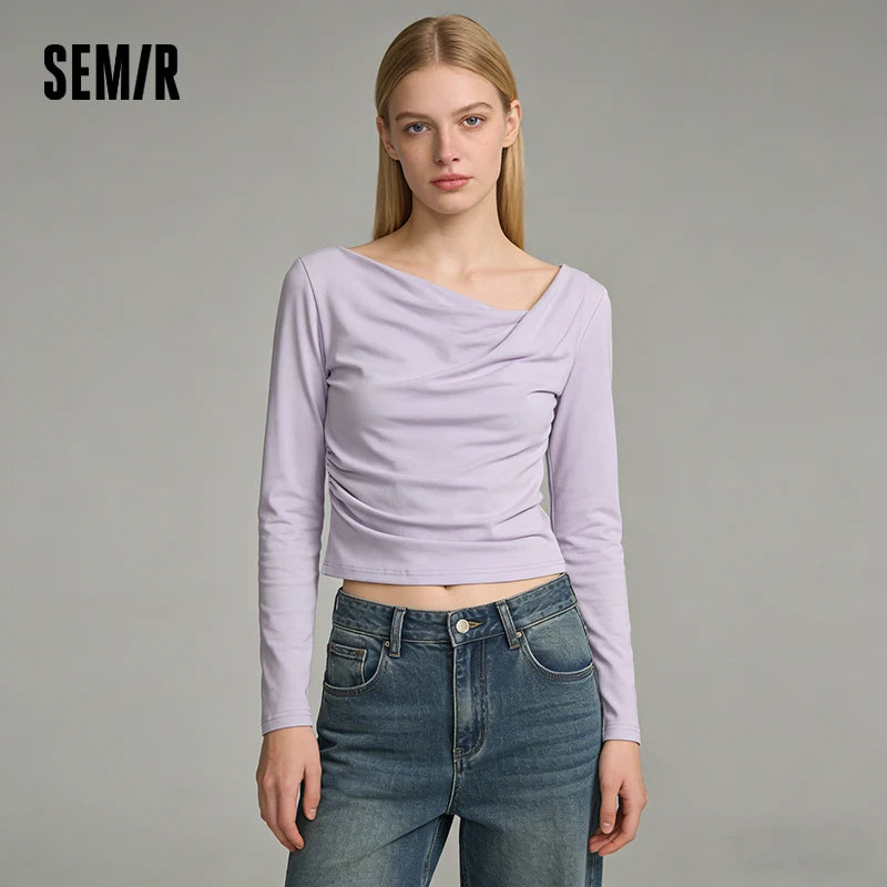 Semir Slim Fit Tshirt Women 2026 Spring Short Asymmetric Neck Oblique Shoulder Solid Color Casual Fashion Stylish Top