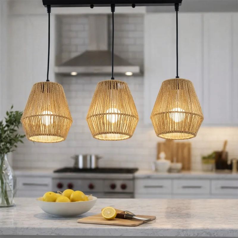 JOYINLED 3-Light Rattan Pendant Light Rattan Chandelier Light Fixture Hand-Woven Wicker Chandeliers for Living Room Dining Room