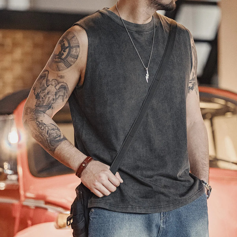 Maden Retro Aged Men's Summer Tank Tops Cotton Breathable Sports Fitness Vest Solid Color Sleeveless T-shirt for Base Layers