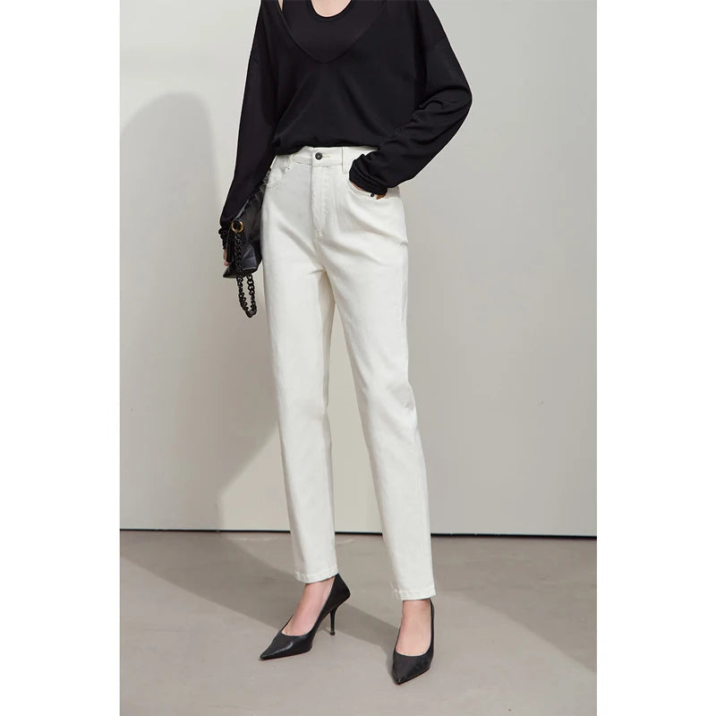 Amii 2026 Autumn Casual Slim Women Jeans Pants Elastic Waisted Cotton Jeans Tapered Fashion High Quality DenimTrousers 12541126