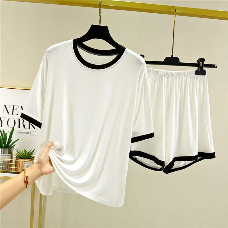 Fdfklak Summer Pajamas Women New Two-Piece Set Modal Round Neck Short-Sleeved Shorts Suit Casual Home Clothes Outside Wear