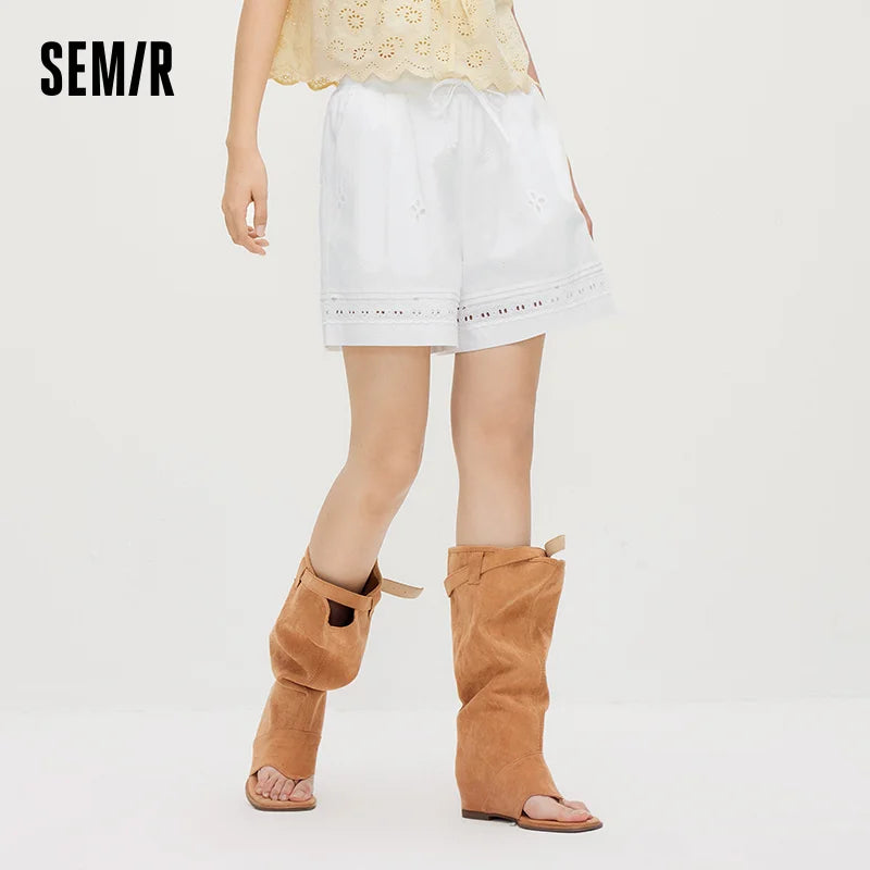 Semir Women Pants Casual Hollow Embroidered White Loose Minimalist Gentle 2026 Summer Fashion Daily Casual Top