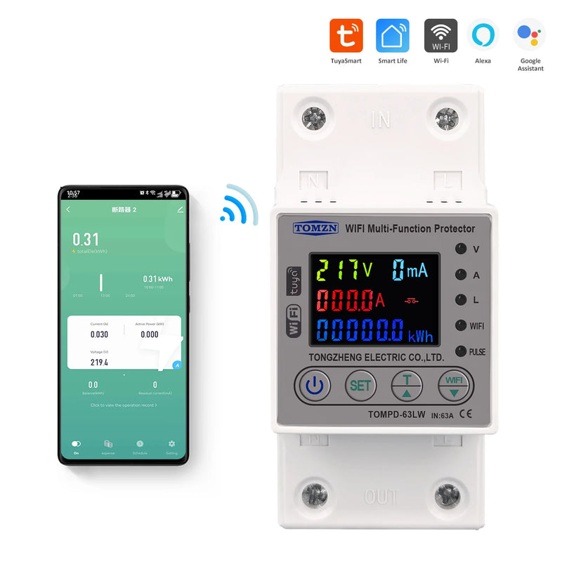 TOMZN 63A 80A WIFI Smart Energy Meter Kwh Metering Circuit Breaker Timer with Voltage Current and Leakage Protection TUYA TOMPD