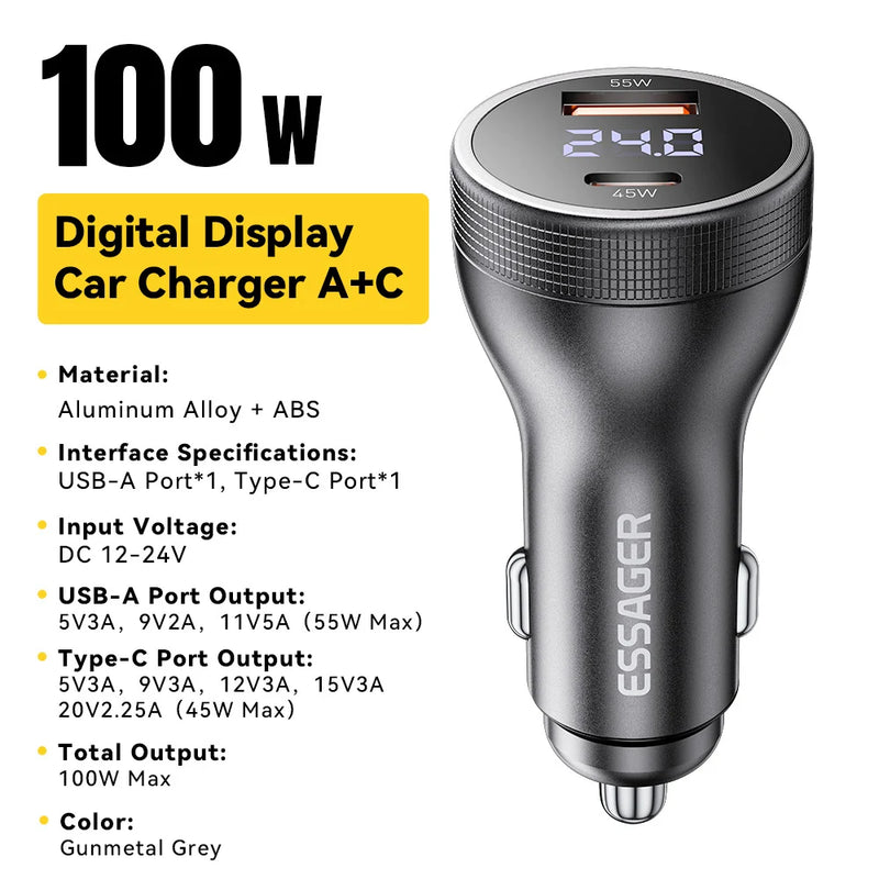 ឆ្នាំងសាករថយន្ត Essager 100W USB C PD3.0 សាកថ្មលឿន Quick Charge 4.0 Adapter សម្រាប់ iPhone 16 MacBook Xiaomi Laptop អេក្រង់ឌីជីថល