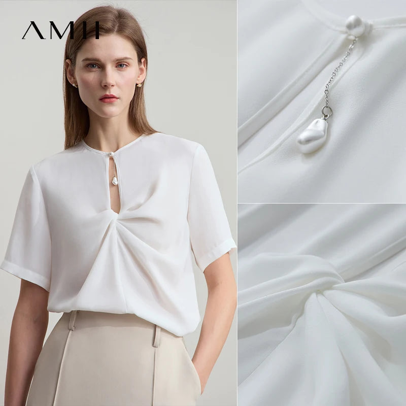 អាវធំ AMII Office Lady Solid សម្រាប់រដូវក្តៅថ្មីឆ្នាំ ២០២៥ កមូលដៃខ្លីរមួលមុខក្រោយអាវពីរទិសសម្រាប់ស្ត្រី 12522105