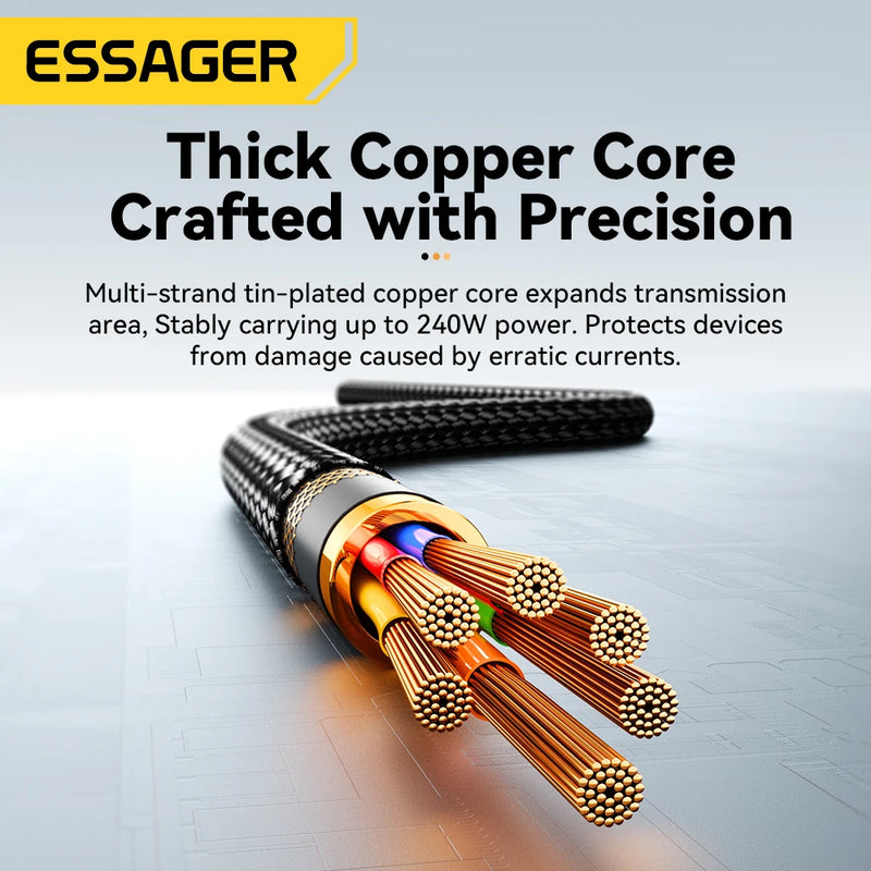 ខ្សែសាក Essager 240W USB Type C សម្រាប់ iPhone 15 Pro Max PD3.1 ខ្សែសាកប្រភេទ C លឿន 5A សម្រាប់កុំព្យូទ័រយួរដៃ Xiaomi Macbook Pro iPad