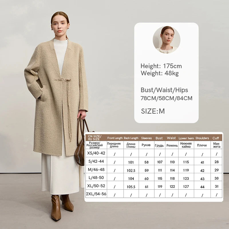 Amii Women's Coat 2026 Winter New Chinese Style V-neck Double-sided Outerwear Ladies Horn Button Woolen Jacket Woman 12554024