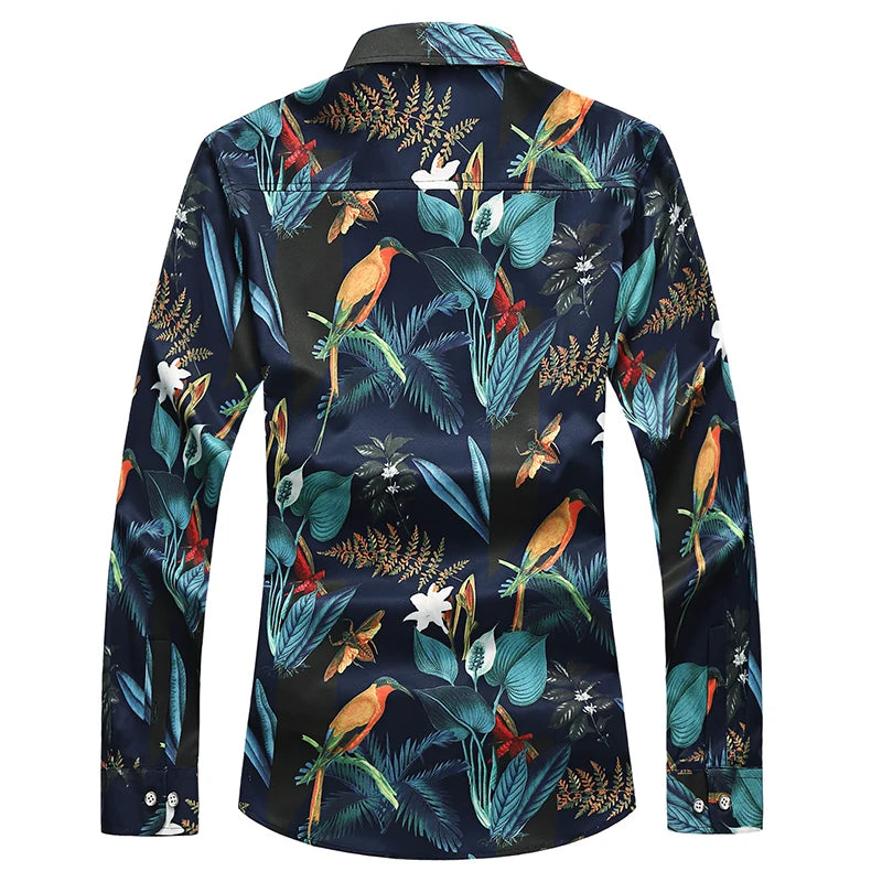 Asian Size Small Stretch Men' Long Sleeve Printed Shirts, Fashion Casual Flower Shirt, Single Breasted Square Collar Tops Camisa