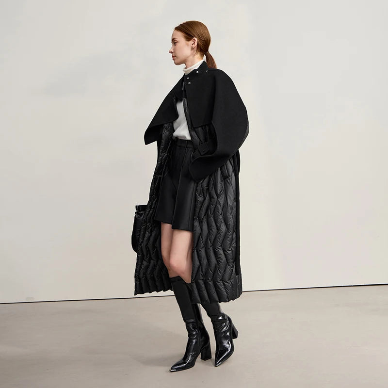 AMII Down Jacket Women 2026 Winter New Loose Long Patchwork Wool Women's Clothing With Belt Warm Winter Coat Female 12524037