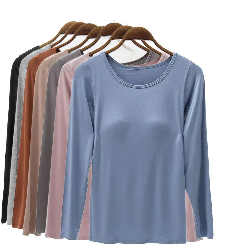 Casual Bra Pad One Piece Pajamas For Women Sleepwear T-shirt Spring Autumn Sleep Tops Long Sleeve Bottoming Night Shirt S-3XL