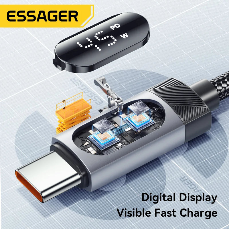 ឆ្នាំងសាករថយន្ត Essager 108W រន្ធ USB-C និង USB-A PD QC4.0 សាកថ្មលឿនជាមួយខ្សែបង្ហាញឌីជីថលសម្រាប់ iPhone 17 Pro MacBook