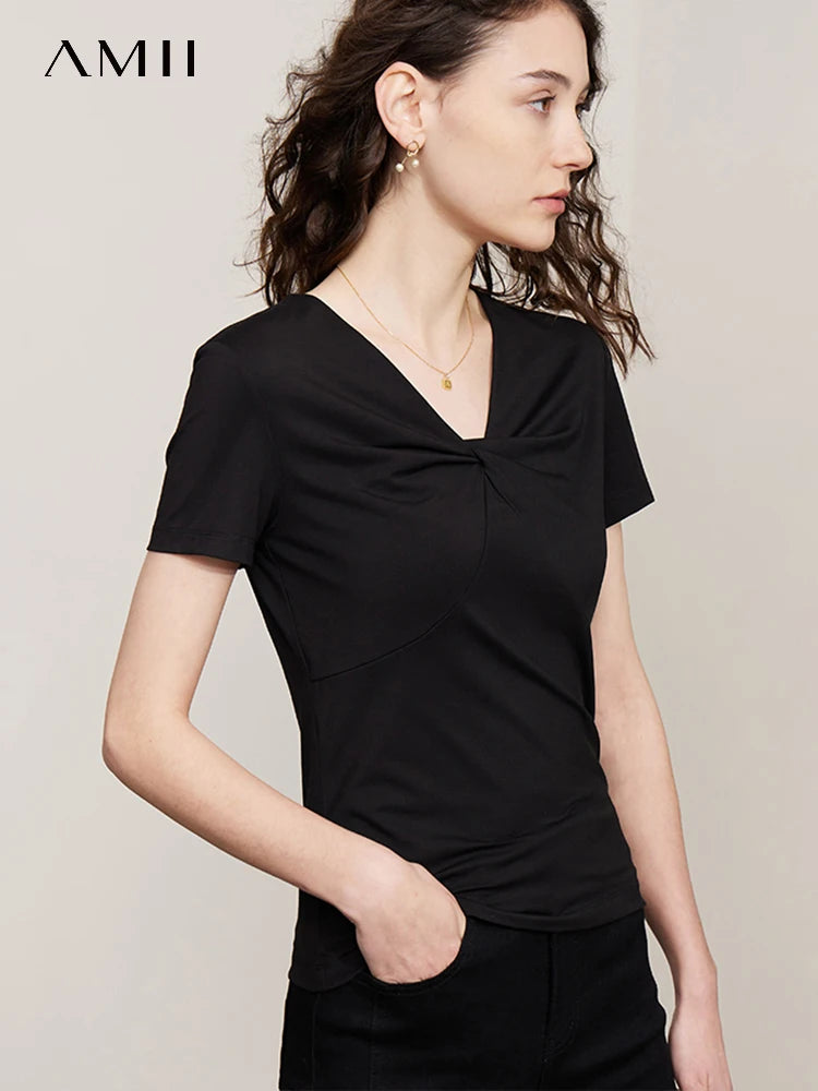 AMII Minimalism T-shirt for Women 2026 Summer New Sleeve Slim Design V-Neck Modal Cotton White Top Bottom T-shirts 12342212