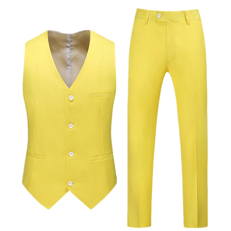 2026 Men's Bright Red V-Neck Sleeveless Vest with Pants, Green Gray Black White Purple Waistcoat and Trousers Asian Size Sets