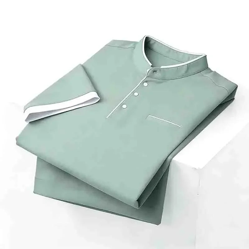 2026 New Men's Mint Green Stand Collar Polo Shirt Office Commute Business Casual Top