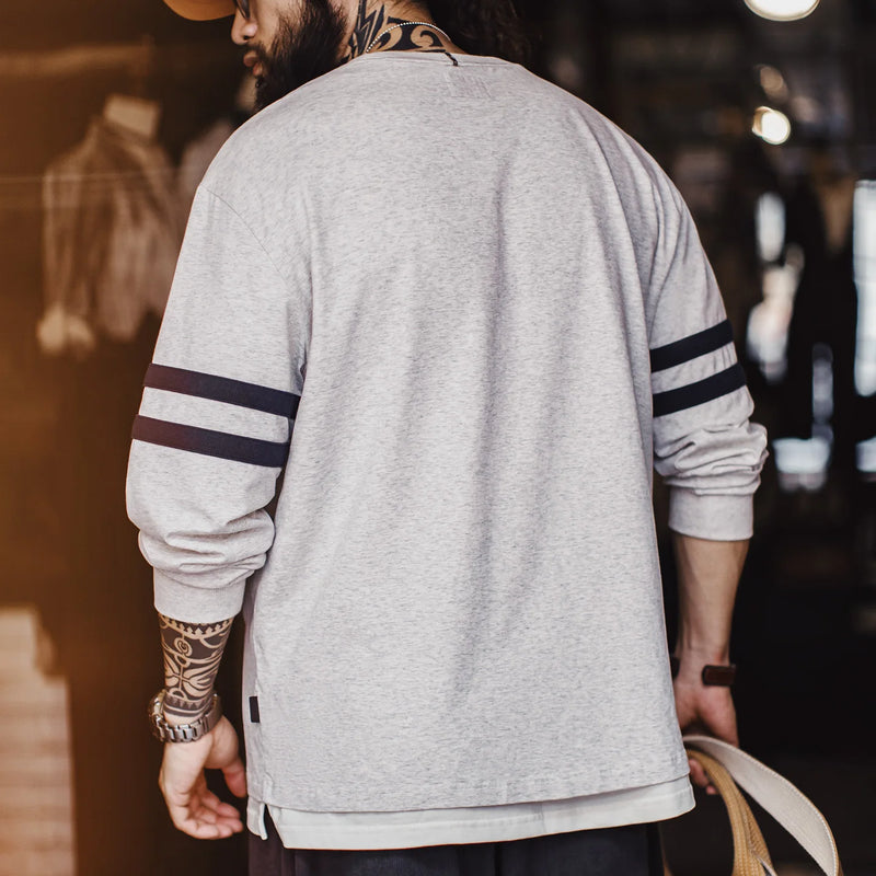 Maden Men‘s Retro Striped Embroidery Sweatshirt Grey Lightweight Crewneck Long Sleeve Top Thin Knit Pullover for Spring Autumn