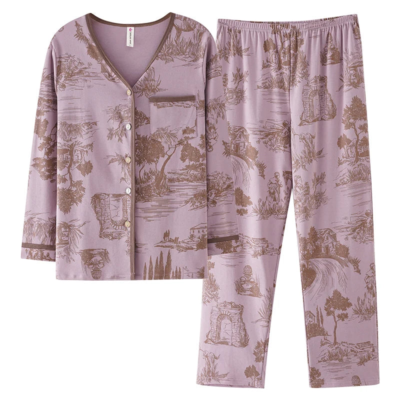 Spring Autumn O-Neck Pyjamas Female Pajamas Sets Elegant Floral Japanese Kimonos For Women Big Yards M-3XL Cotton Home Clothes