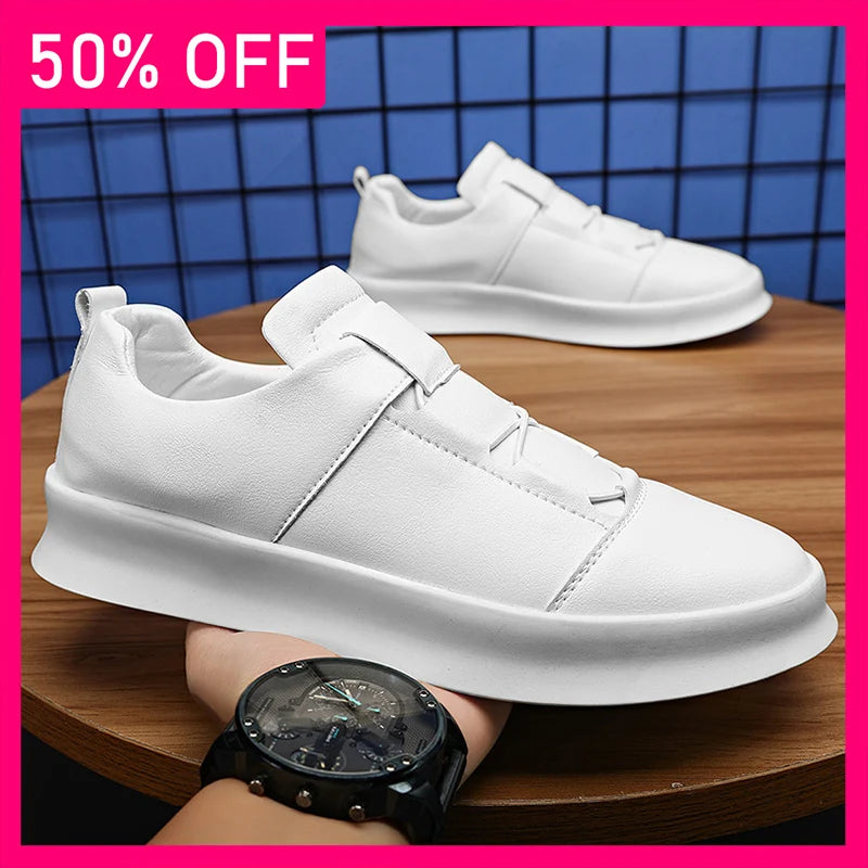 Mens Board Shoes New Low Cut Leather Lace Up Casual Shoes Anti Slip Soft Sole Cosy Breathe Versatile Commuting White Sneakers
