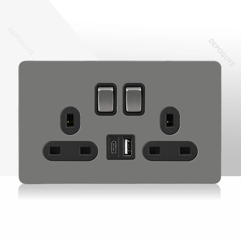 Retro Toggle Switch 1-4 Gang 2 Way Light Switch,EU French Plug Power Outlet Socket With Dual USB Stainless Steel Panel 86 Type