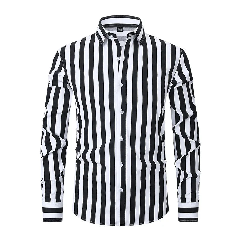 Men's Long-sleeve Shirt with Black Stripes, White Single-breasted Button-down Shirts, Business-casual Top.