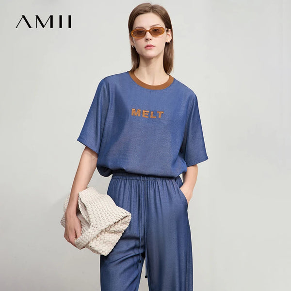 អាវយឺត Amii Minimalist សម្រាប់នារី រដូវក្តៅ ឆ្នាំ២០២៦ ថ្មី ប៉ាក់អក្សរ TR Denim រលុង អាវការិយាល័យ ស្លីម ពណ៌ចម្រុះ លេខ ១២៥២២០១៧