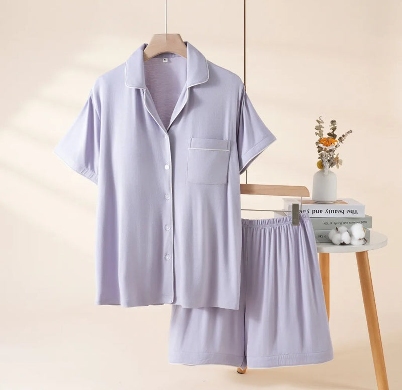 Modal Women's Pajamas Summer New Short-Sleeved Lapel Collar Tops Loungewear Comfortable 2 Pcs Sleepwear Pijama Homewear Set