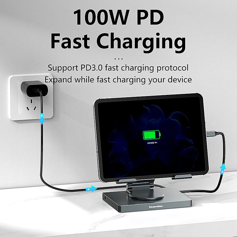ជើងទម្រ iPad Blueendless USB C Hub 4K 60HZ HD Type-C 100W PD SD/TF Slot Reader USB 3.0 5Gbps 9 ក្នុង 1 Type-C Hub សម្រាប់ដាក់ iPad