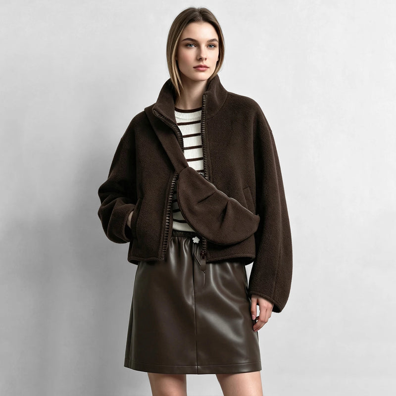 Amii Women Double-Faced Wool Coat Stand Collar Oversized Winter Commuter Top with Bag 2026 Women's Short Coat 12624030