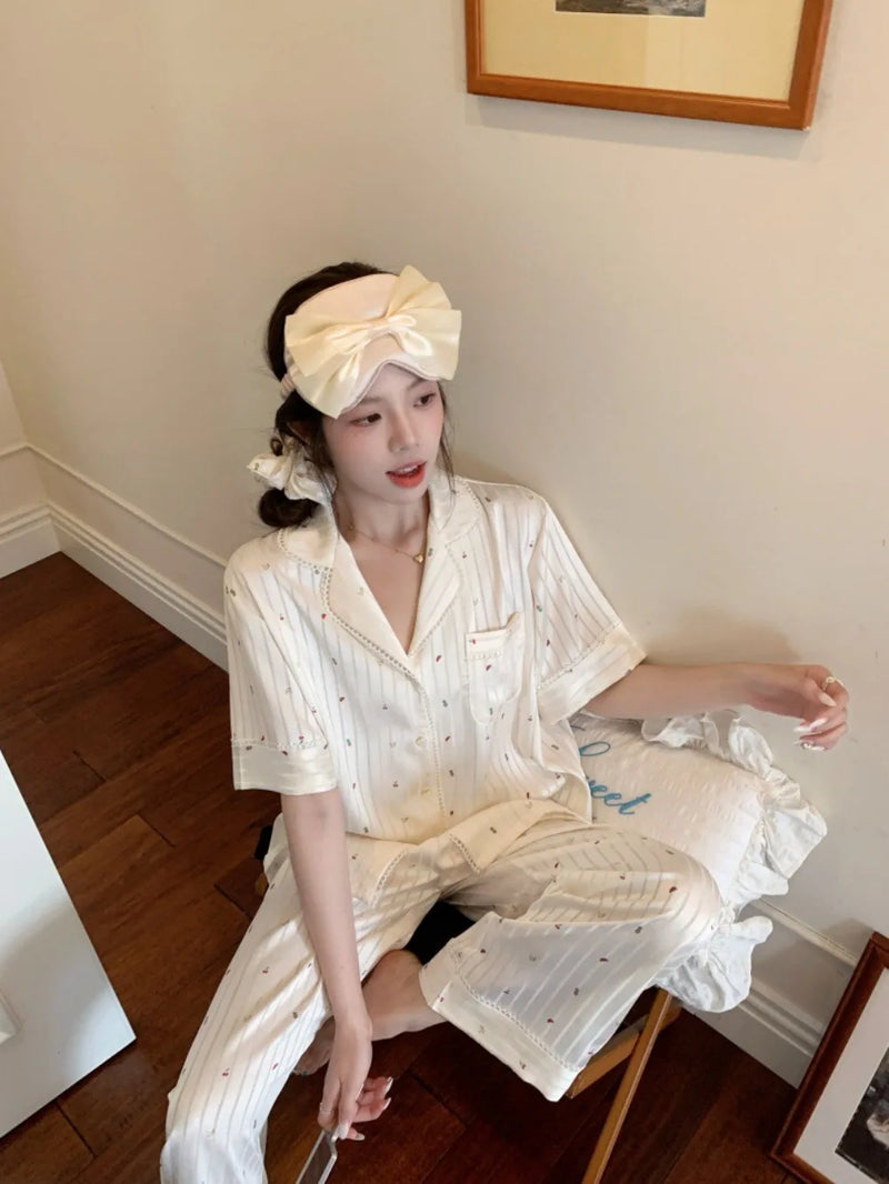 2PCS/Set Summer Pyjamas Woman Pajamas Elegant Short Sleeve and Long Pants Sleepwear Women's Nightie Homewear Home Nightwear