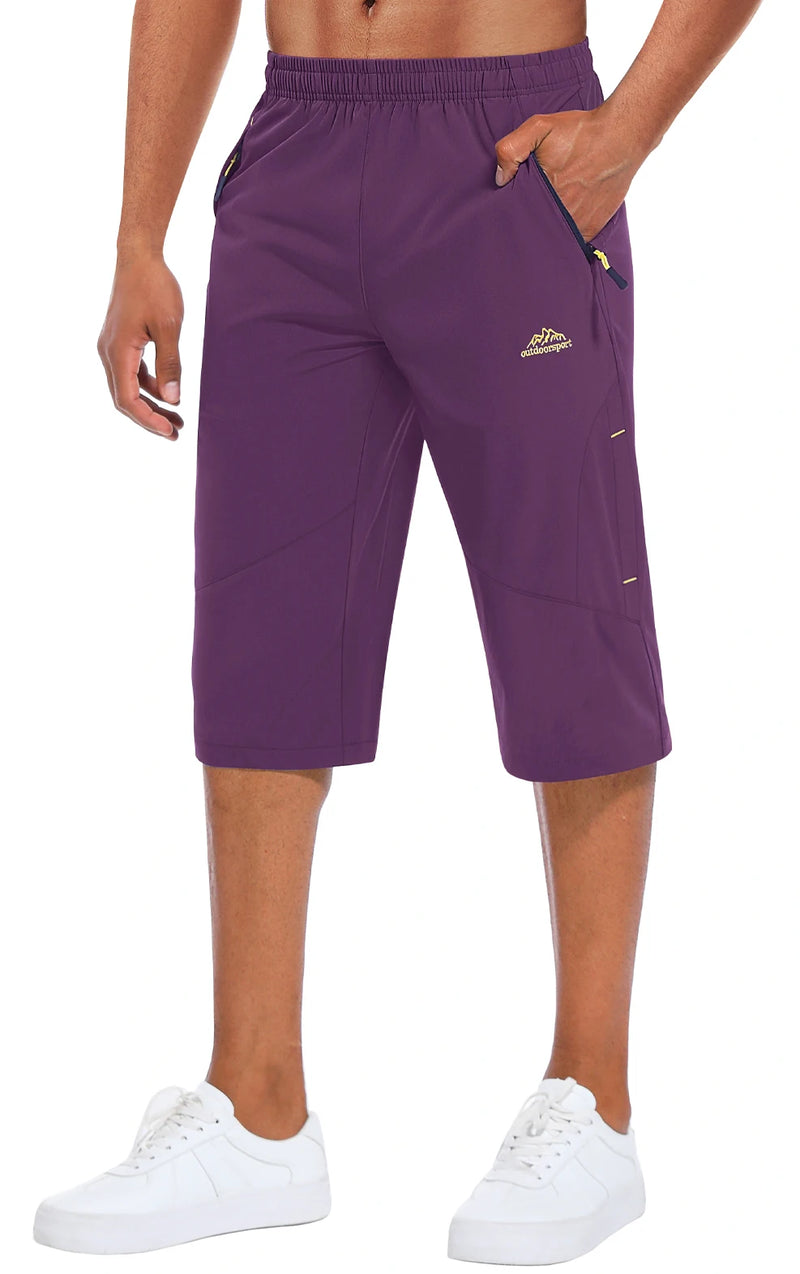 Men’s Capri Quick Dry Water Resistant Stretch Elastic Waist Shorts Lightweight Breathable Hiking Golf Pants with Zipper Pockets