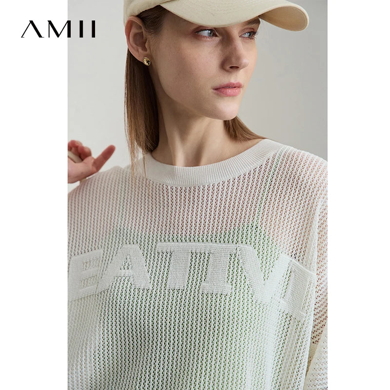 អាវ យឺត ប៉ាក់ ប្រហោង សម្រាប់ នារី Amii Minimalist ឆ្នាំ 2025 រដូវស្លឹកឈើជ្រុះ ថ្មី ដៃអាវ ពាក់កណ្តាល ក អាវ រលុង ស្តើង 12542139