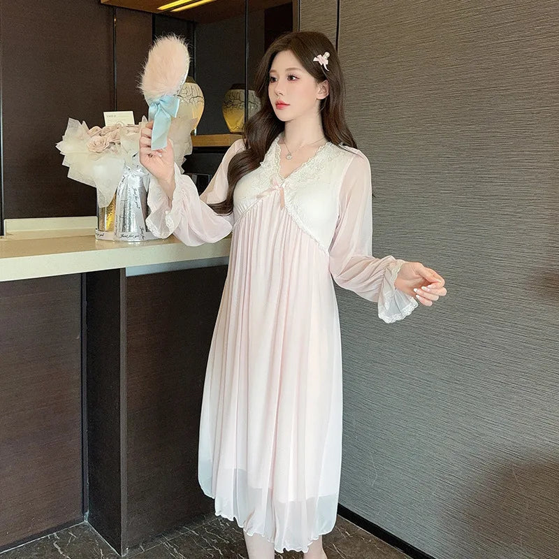 Spring Summer Long Sleeved Night Dress Woman Modal Lace Mesh Princess Nightgown Sleepwear Women's Nightie Korean Sleep Shirts