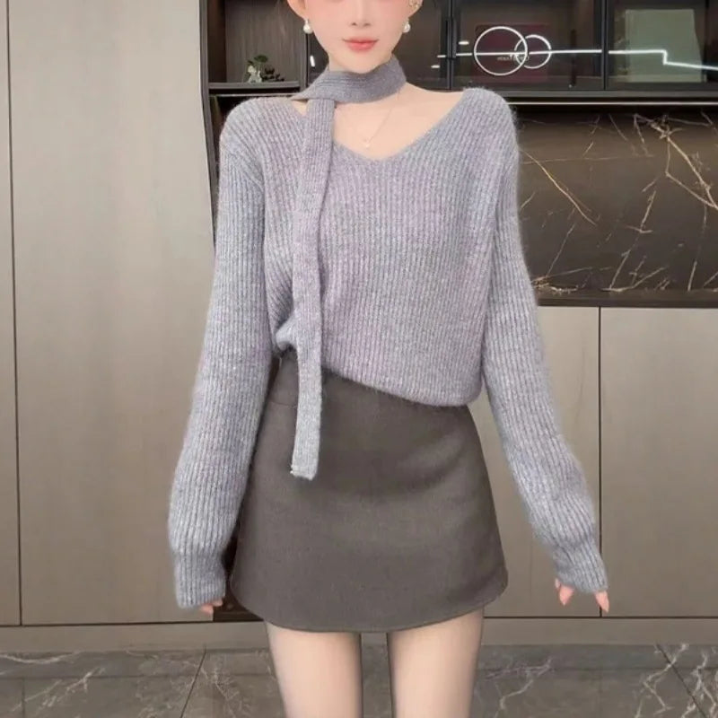 Gentle Soft V-neck Streamer Sweater Women's Autumn Winter Loose Lazy Feel Bottom Knitted Top Spring Pullover Jumper Female