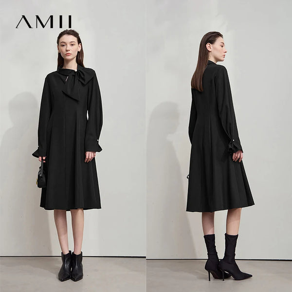 AMII Minimalist Women Evening Luxury Dress 2026  Autumn Collared Ribbon Mid Length A-Line Dress Office Lady Black Dress 12523082