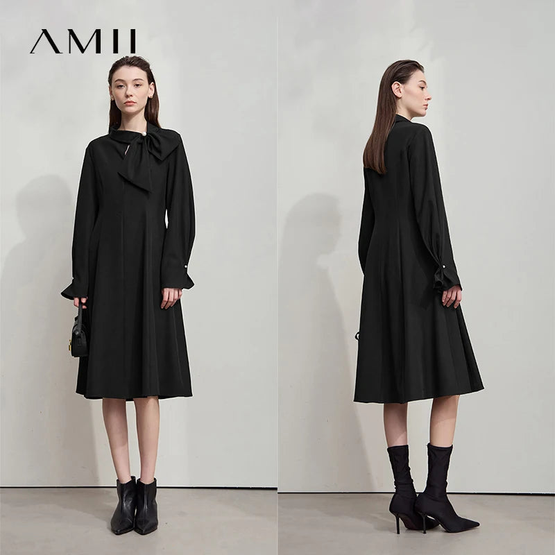 AMII Minimalist Women Evening Luxury Dress 2026  Autumn Collared Ribbon Mid Length A-Line Dress Office Lady Black Dress 12523082
