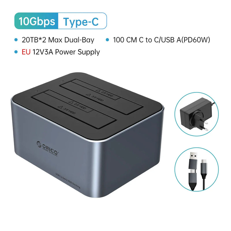 ORICO Aluminum Dual-bay Hard Drive Station Type-C 10Gbps with Offline Clone 2.5/3.5" HDD Case Heat Dissipation Stronger
