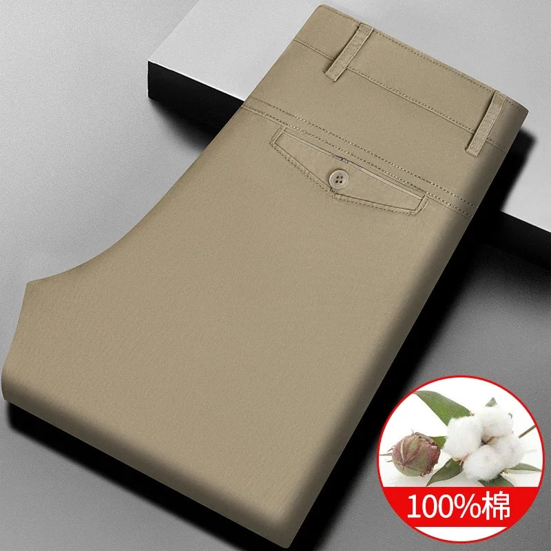 Men Cotton Straight Casual Chinos Soft Breathable Twill Fabric Zip Fly Side Slash Pockets Office Daily Commuting Long Bottoms