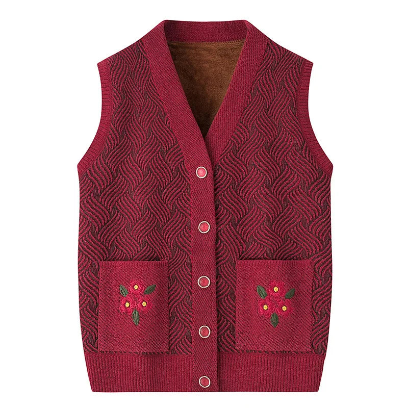 Grandma's Spring Autumn Warm Knit Jacket Middle Aged Mother Camisole Sweater Embroidered V-neck Cardigan Vest For Women XL-5XL