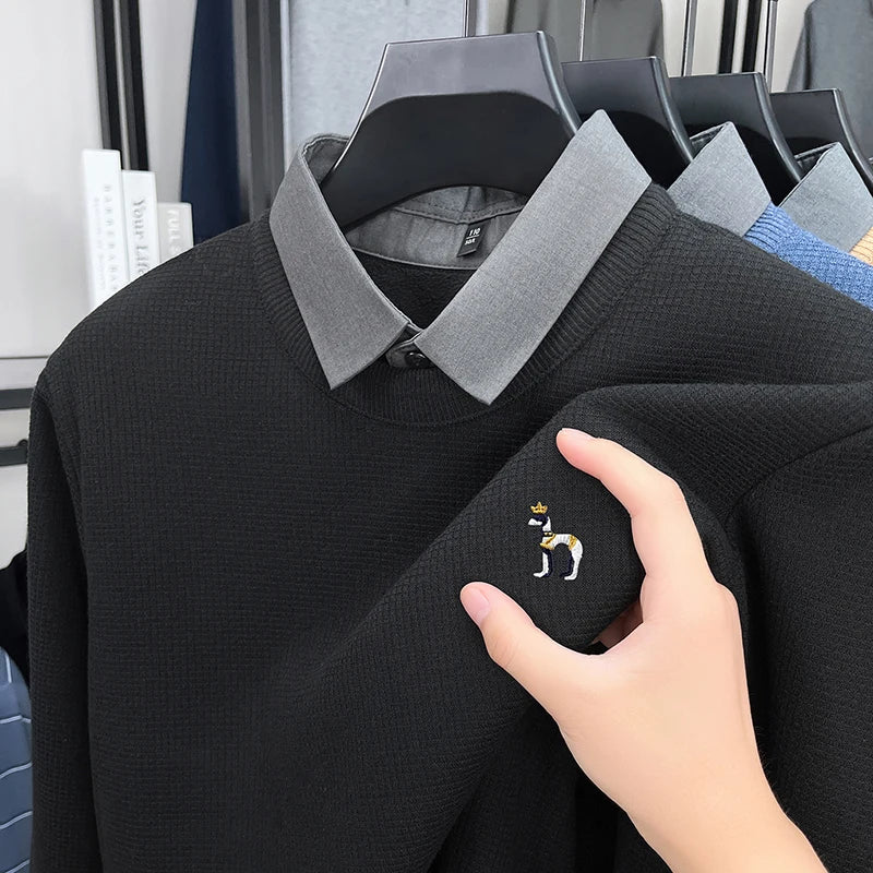 Luxury Men Long Sleeved Fake Two-Piece Knitted Sweater Fleece-Lined Thickened Embroidery Contains Wool Winter Keep Warm Sweater