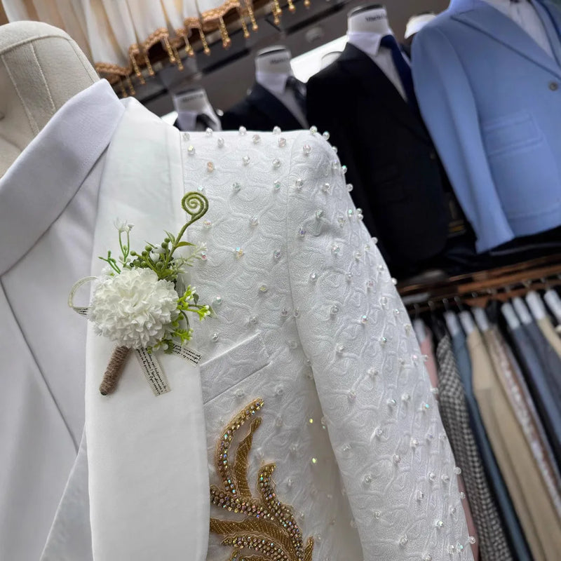 Men’s White Sequin & Crystal Embroidered Shawl Collar Blazer + Vest + Black Slim Fit Trousers - Dazzling Formal Suit Set